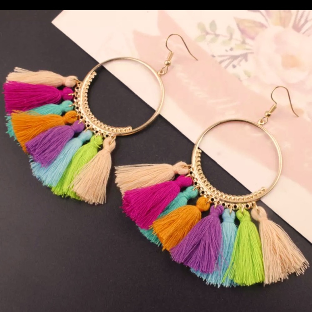 Colorful Ethnic Tassel Cotton Circle Drop Earrings